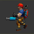 Cartoon Firefighter Character With Red Helmet Flame Logo Yellow Pants And Blue Water Gun