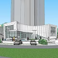 Modern Blue Curved Sales Office Building With Glass Curtain Walls Fountains And Evening Sky Plaza