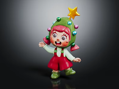 Cartoon Character With Christmas Tree Head Colorful Ornaments Yellow Star Red Overalls And Green Shoes 3d model