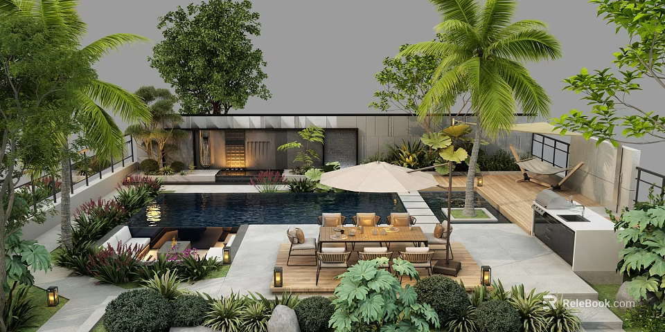 Courtyard Garden With Swimming Pool Outdoor Dining Table Palm Trees And Lush Greenery 3d model 