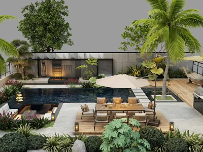 Courtyard Garden With Swimming Pool Outdoor Dining Table Palm Trees And Lush Greenery 3d model