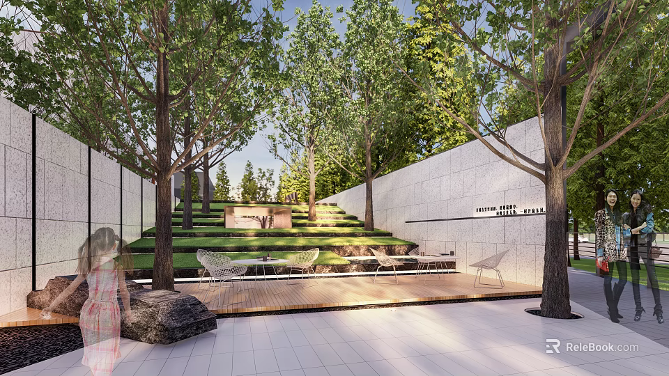Modern Garden Landscape With Stepped Lawn Tall Trees Stone Walls Outdoor Seats And Stone Pavement 3d model 