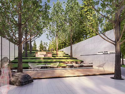 Modern Garden Landscape With Stepped Lawn Tall Trees Stone Walls Outdoor Seats And Stone Pavement 3d model