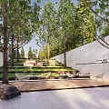 Modern Garden Landscape With Stepped Lawn Tall Trees Stone Walls Outdoor Seats And Stone Pavement