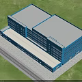 Blue Multi Story Industrial Factory Building With Grey Roof Green Grass And Road