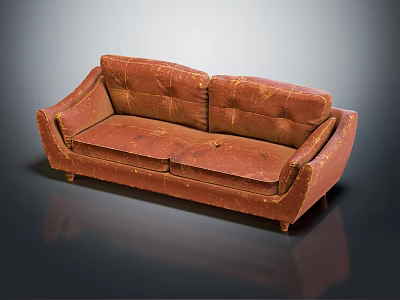 Brown Leather Two Seater Sofa in Vintage Style with Tufted Backrest and Wooden Legs 3d model
