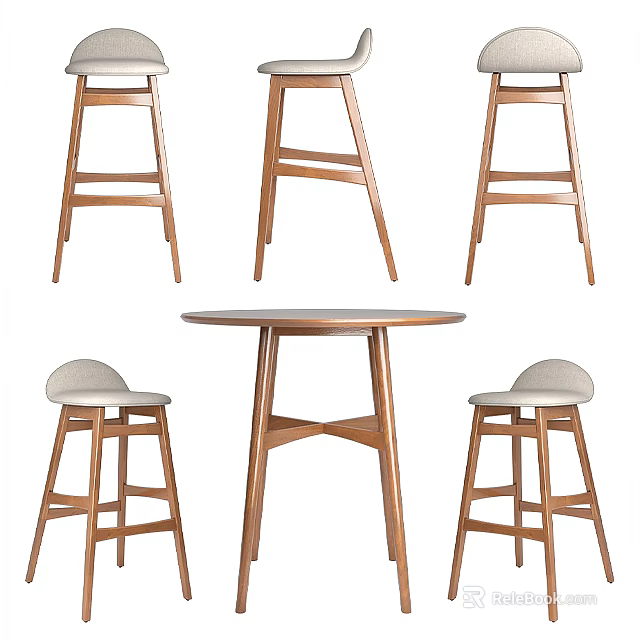 Wooden Round Table And Bar Stools Set With Light Gray Cushions 3d model