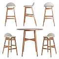 Wooden Round Table And Bar Stools Set With Light Gray Cushions 3d model