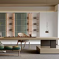 Modern Minimalist Tea Room Interior Design With Long Wooden Table Green Plants And Display Shelves