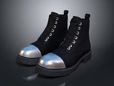 Stylish Black Lace Up Ankle Boots With Silver Toe Cap And Durable Rubber Soles 3d model