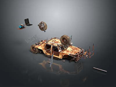 Rusty Old Car With Detached Wheels And Scattered Mechanical Tools 3d model