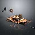 Rusty Old Car With Detached Wheels And Scattered Mechanical Tools 3d model
