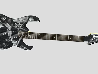 Electric Guitar With Black And White Painted Skull Hand And Eagle Artwork Design 3d model