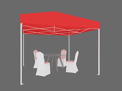 Red Pop Up Canopy Tent Setup With White Chairs And Outdoor Dining Table 3d model