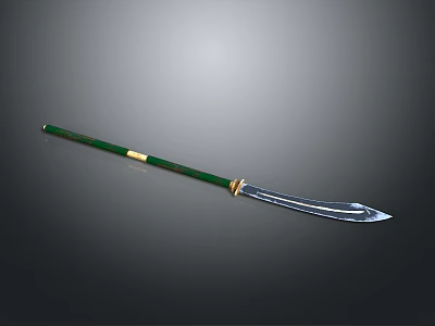 Traditional Ancient Weapon With Green Handle Sharp Metal Blade And Golden Accents 3d model