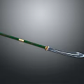 Traditional Ancient Weapon With Green Handle Sharp Metal Blade And Golden Accents