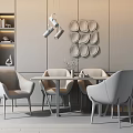 Elegant Modern Dining Table Set With Beige Brown Chairs Circular Wall Plates And Hanging Lights 3d model