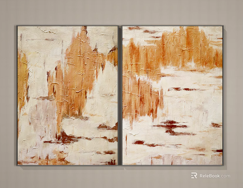 Modern Luxury Abstract Two Panel Wall Art Textured Orange White Brown 3d model 