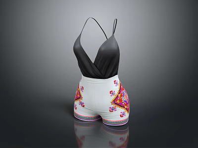 Black V Neck Sleeveless Top With White Shorts And Colorful Floral Patterns 3d model