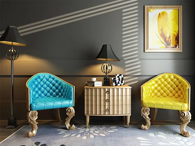 Tufted Blue and Yellow Accent Chairs with Gold Carved Legs Side Table Dark Wall Art 3d model
