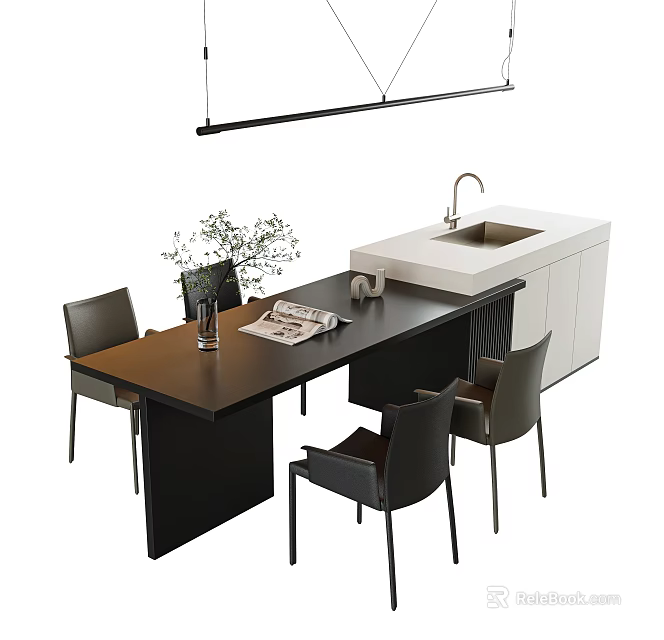 Modern Kitchen Table And Chairs Set With Wooden Top Leather Seats Newspaper And Vase 3d model 