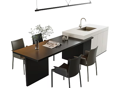 Modern Kitchen Table And Chairs Set With Wooden Top Leather Seats Newspaper And Vase 3d model