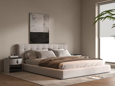 Modern Double Bed with Gray Headboard Nightstand Wall Art and Wooden Floor 3d model