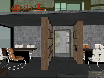 Modern Public Office Space Interior Design With Wooden Bookshelves Desks And Chairs 3d model