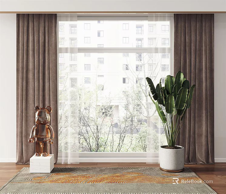 Soft Brown Curtains Framing Window with Natural Light Outdoor Tree View and Indoor Plant Sculpture 3d model 