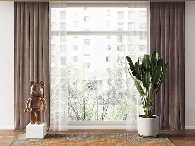Soft Brown Curtains Framing Window with Natural Light Outdoor Tree View and Indoor Plant Sculpture 3d model