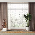 Soft Brown Curtains Framing Window with Natural Light Outdoor Tree View and Indoor Plant Sculpture