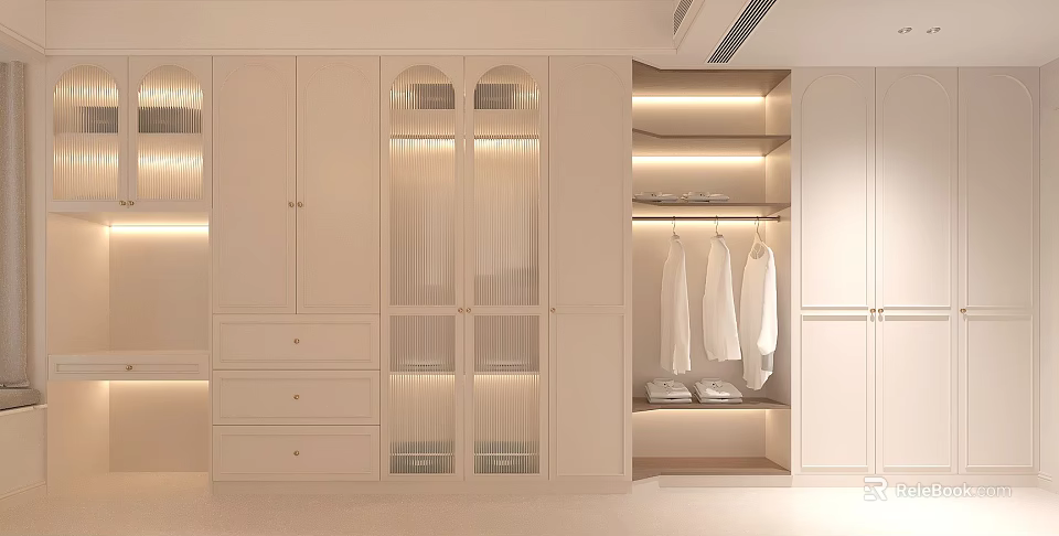 Modern Wardrobe Interior With Glass Doors Drawers Built in Lighting And Hanging Space 3d model 