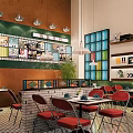 Retro Restaurant Interior With Neon Sign Red Green Decor And Dining Tables