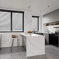 Modern Kitchen Interior With Gray Cabinets Marble Island Window Blinds And Stools 3d model