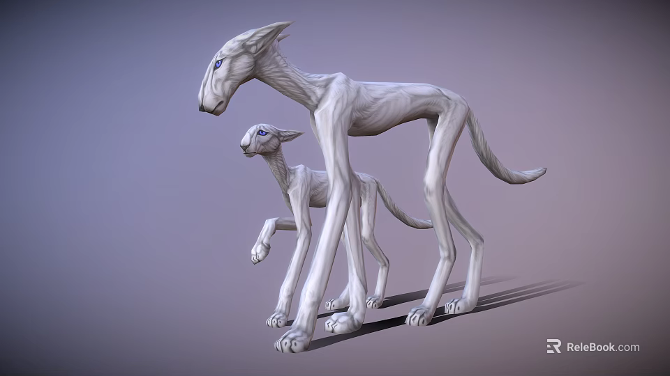 White Long Limbed Mythical Canine Creatures 3D Model on Gradient Purple Background 3d model 