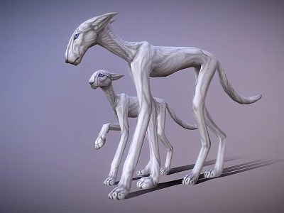 White Long Limbed Mythical Canine Creatures 3D Model on Gradient Purple Background 3d model
