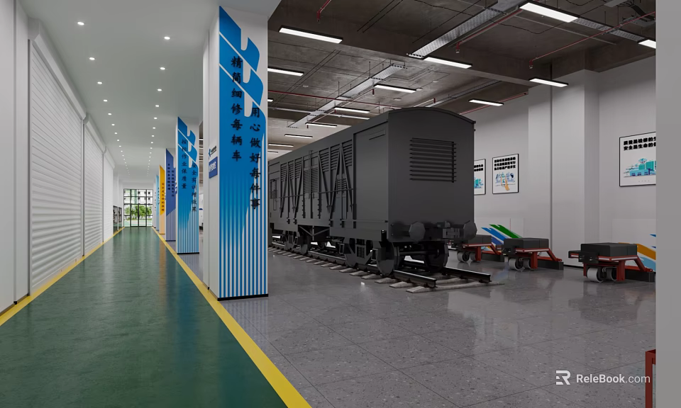 School Railway Technical Training Facility With Train Carriage Model On Tracks And Blue Pillars 3d model 