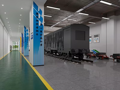 School Railway Technical Training Facility With Train Carriage Model On Tracks And Blue Pillars 3d model