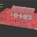 Detailed Two Story Building Model With White Walls Gray Roof Storefronts Windows And Doors