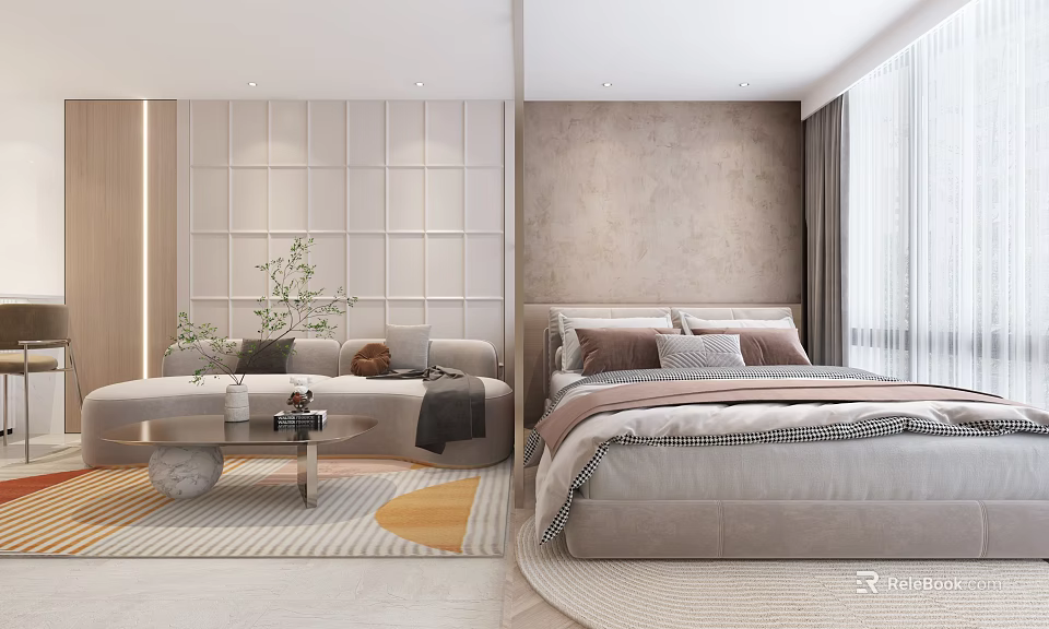 Modern Apartment Bedroom And Living Area With Sofa Bed And Plants 3d model 