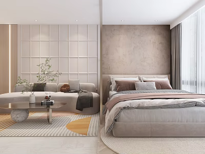Modern Apartment Bedroom And Living Area With Sofa Bed And Plants 3d model