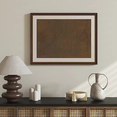 Brown Abstract Painting with Wooden Frame on Beige Wall and Table Lamp Candles Vase 3d model