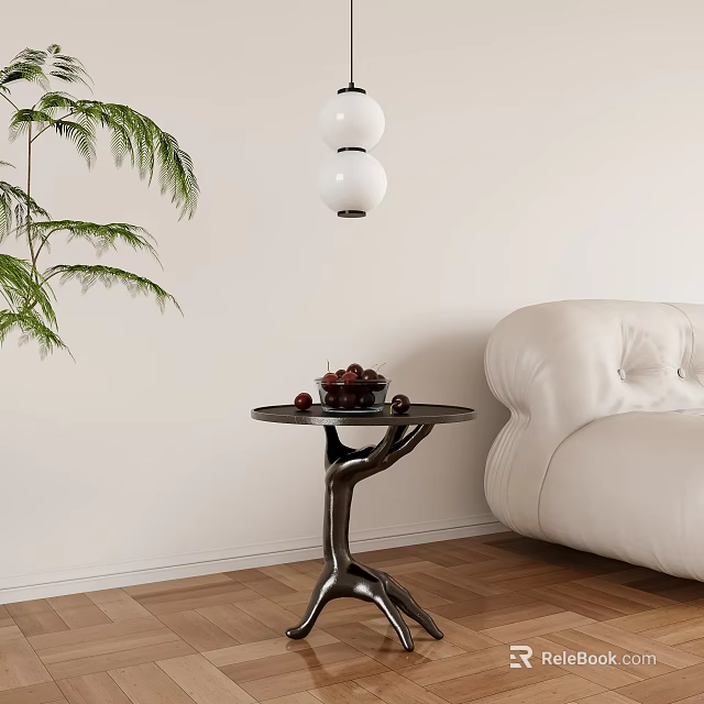 Modern Living Room Side Table With Unique Base Red Fruits And White Sofa Green Plant 3d model 