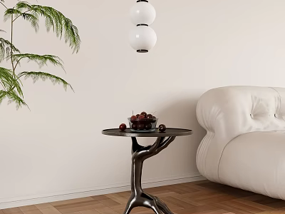 Modern Living Room Side Table With Unique Base Red Fruits And White Sofa Green Plant 3d model