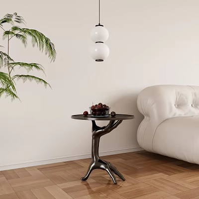 Modern Living Room Side Table With Unique Base Red Fruits And White Sofa Green Plant 3d model