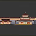 Cartoon Scene Of Traditional Chinese Buildings With Red Roofs Courtyard And Surrounding Walls