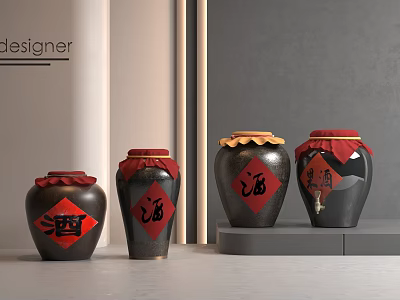 Black Ceramic Vessels With Red Cloth Covers And Chinese Characters On Gray Shelf 3d model