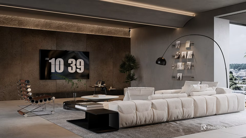 Modern Living Room Interior With White Sofa Black Coffee Table Large TV And Potted Plant 3d model 