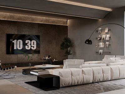 Modern Living Room Interior With White Sofa Black Coffee Table Large TV And Potted Plant 3d model