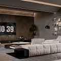 Modern Living Room Interior With White Sofa Black Coffee Table Large TV And Potted Plant